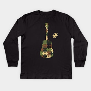 Camouflage Puzzle Acoustic Guitar Silhouette Kids Long Sleeve T-Shirt